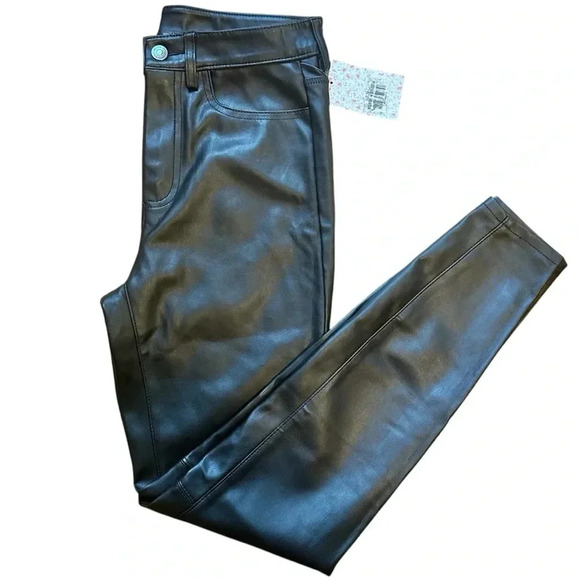 NEW Free People Black Faux Vegan Leather Moto Skinny High Waisted Pants Size 28 - Picture 3 of 10